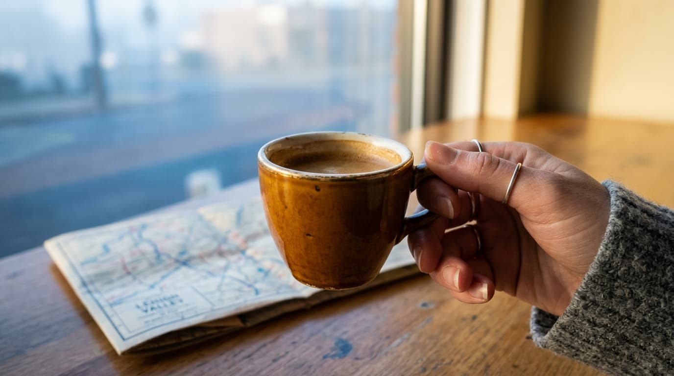 A close-up, 100mm macro shot of a hand holding a vintage espresso cup against a sunlit cafe table in West Reading, featuri...