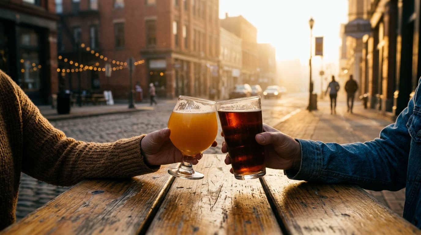 Golden hour tilt-shift capture of two clinking craft beer glasses on a weathered wooden table at Chatty Monks, with the bl...