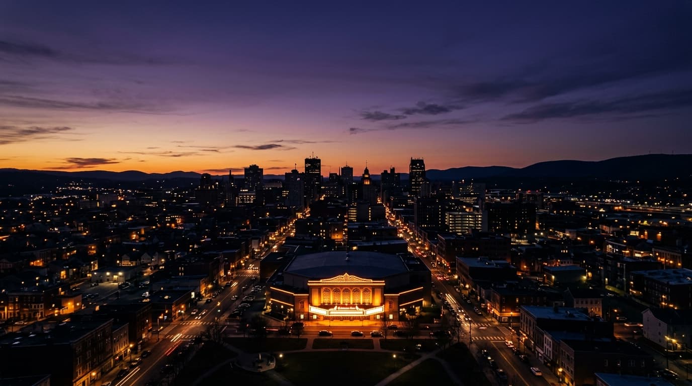 A wide 50mm shot captures the glowing, amber-lit Santander Arena marquee at dusk. The Reading skyline rests in the shadows...