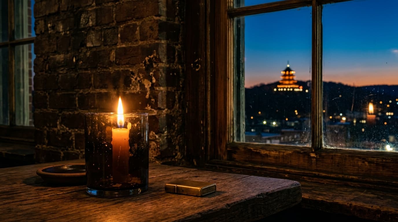 A 100mm macro shot captures a flickering candle illuminating the dark, weathered brick wall inside a West Reading tavern,...