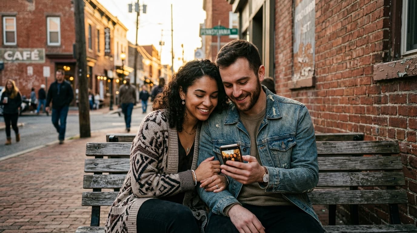 A 24mm wide-angle shot of a couple sitting on a Penn Avenue café bench at golden hour, sharing a single smartphone screen...