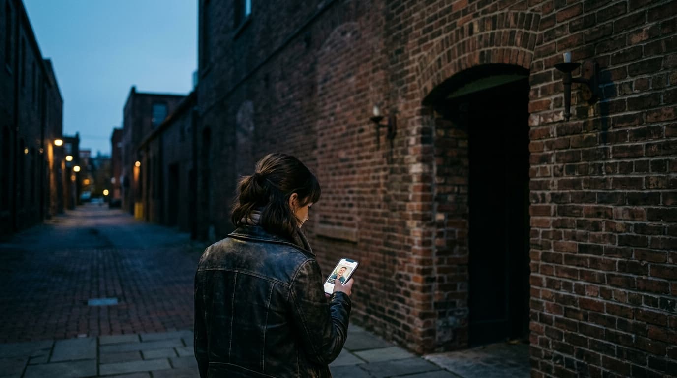 A woman in a leather jacket stands near a GoggleWorks brick entrance at blue hour. She holds a smartphone displaying a Tin...