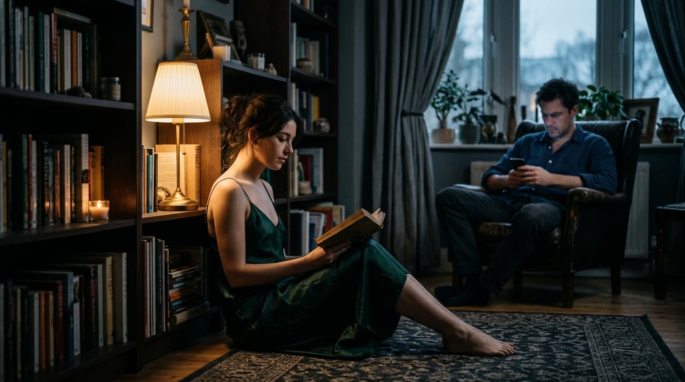 A woman in a silk slip dress sits on the floor by a dim lamp, facing a bookshelf, while her partner in a linen shirt remai...