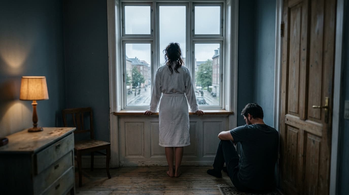 A woman in a white cotton bathrobe stands centered at a window, back to the camera. A man in a dark t-shirt sits on the fl...