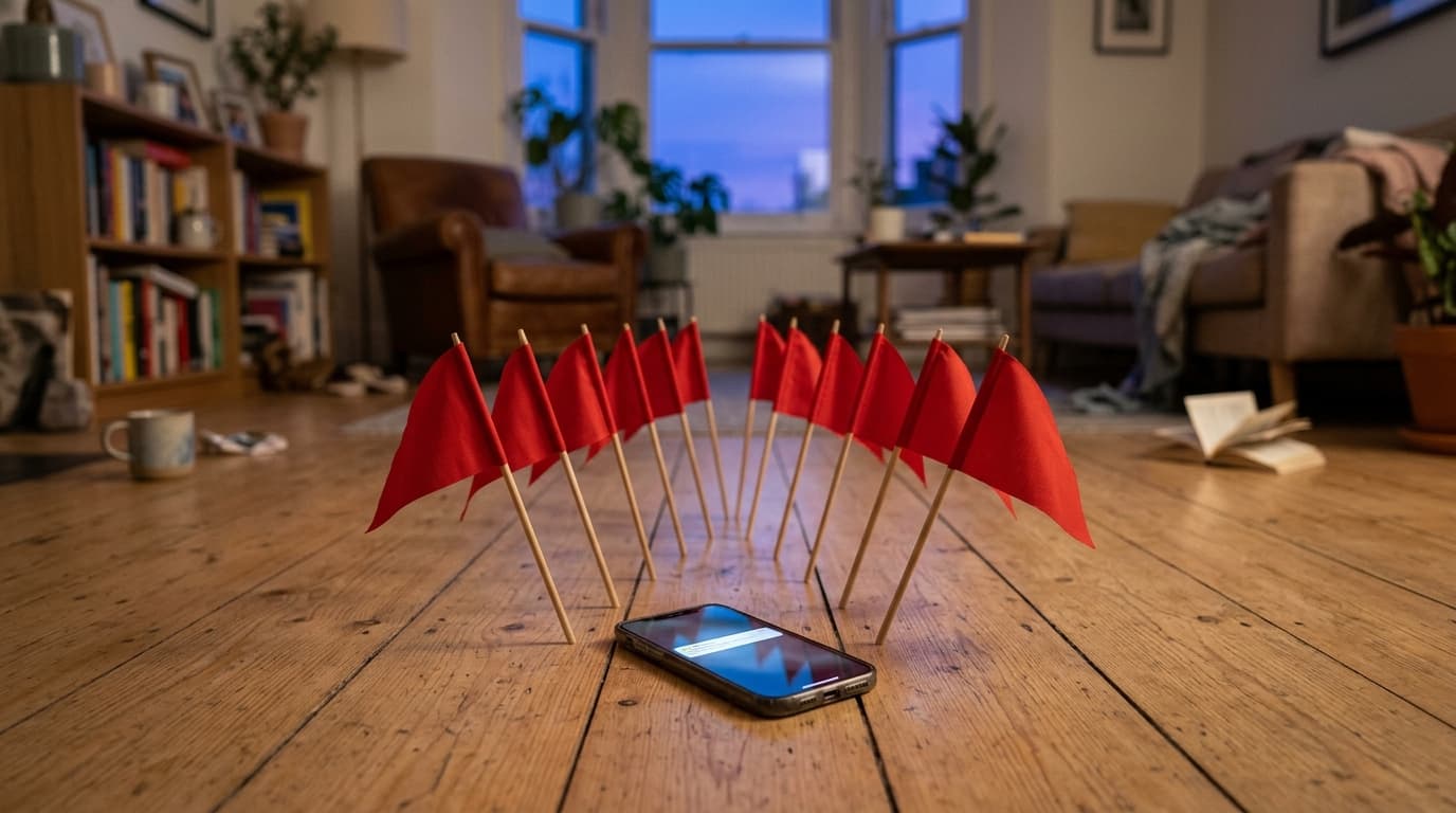 A neatly organized row of red flags stands planted in a modern living room floor, each pointing toward a single, discarded...