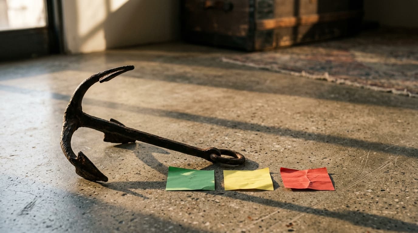 A single, slightly bent anchor resting on a polished concrete floor. Beside it, three categorized color-coded sticky notes...