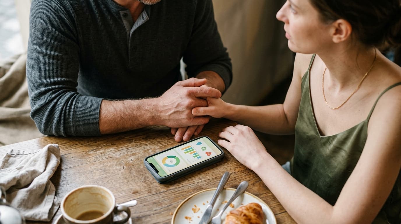 A couple sits at a sunlit breakfast table, a smartphone screen visible between them showing a health app. A man in a grey...