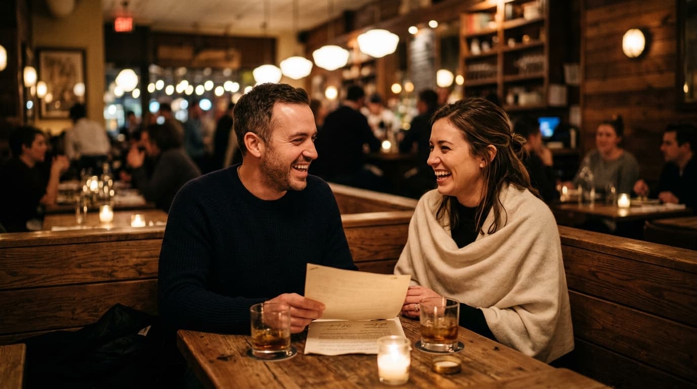 A man in a navy sweater and woman in a cashmere wrap sit at a dimly lit lounge table, reviewing a signed paper document be...