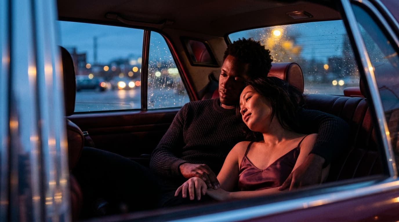 An ethnically diverse couple reclines in the leather interior of a car at dusk, sun-dappled silhouettes pressed together....