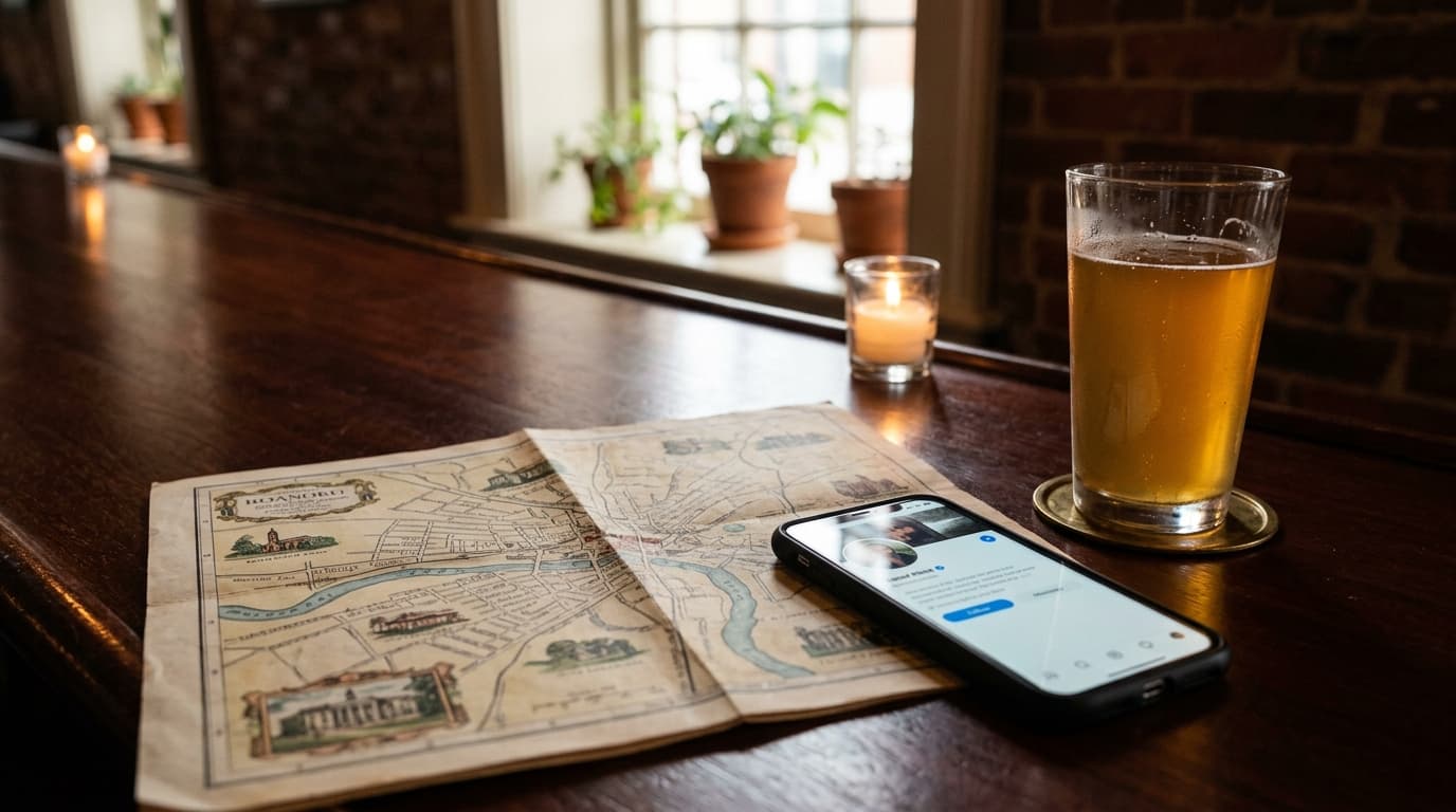A vintage Roanoke map rests on a dimly lit mahogany bar, partially covered by a smartphone showing a verified profile, nex...