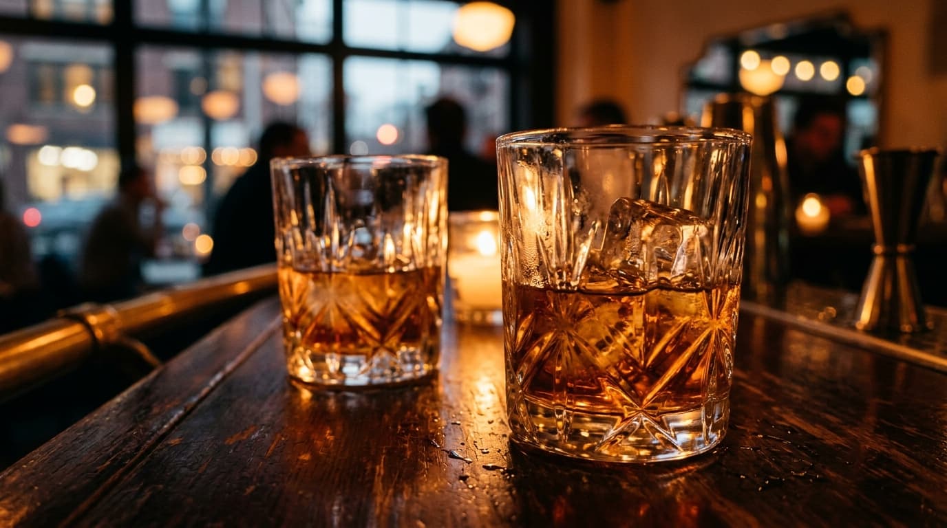 Macro shot, 100mm, golden hour. Two crystal rocks glasses with amber whiskey and melting ice sit on a dark, polished wood...