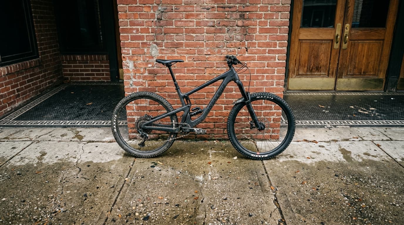 A 24mm wide-angle, centered shot of a modern mountain bike leaning against a brick wall outside the Grandin Theatre. An ov...