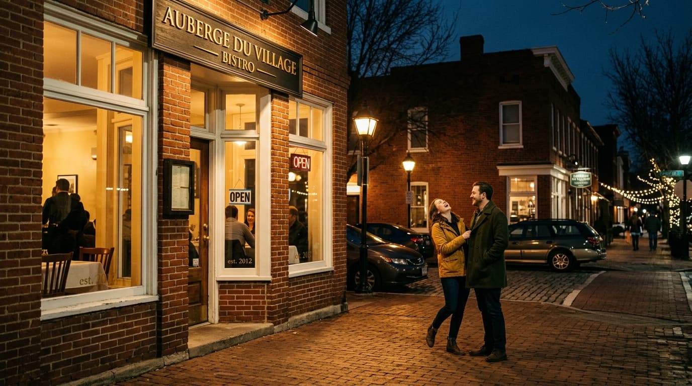A wide 50mm shot at night shows a couple laughing on a sidewalk outside the illuminated storefront of a Grandin Village bi...