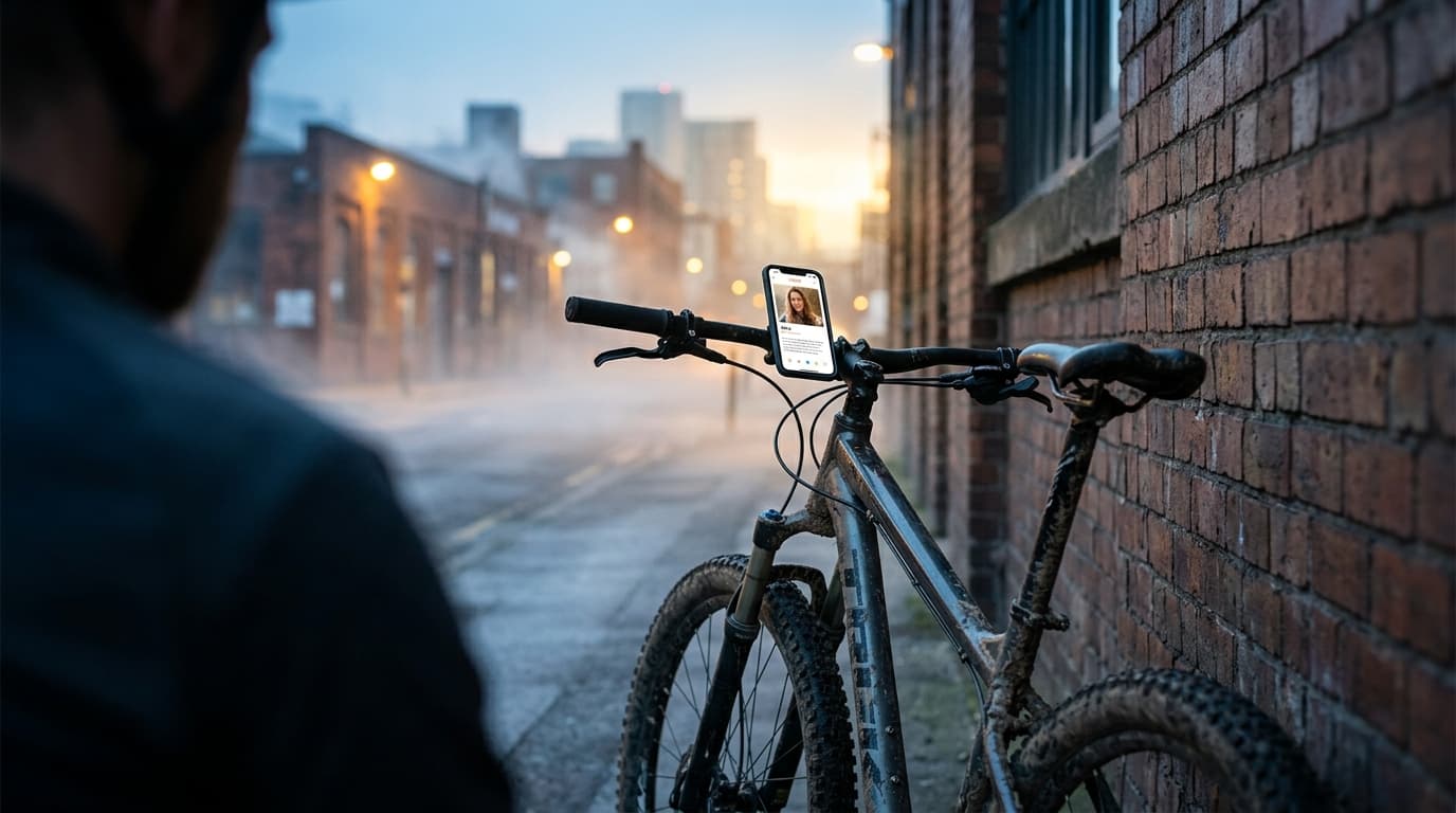 Selective focus captures a muddy mountain bike leaning against a brick brewery wall at blue hour; a smartphone resting on...