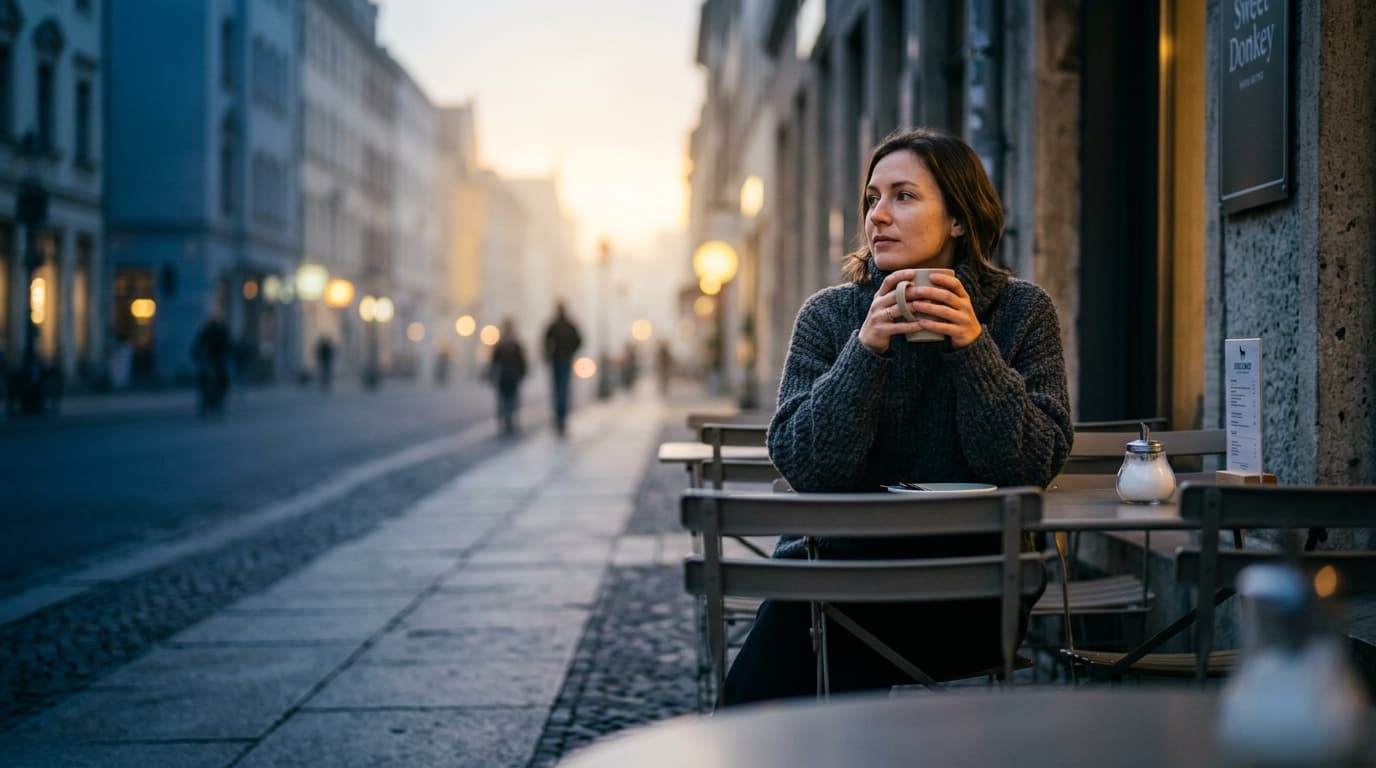 Low-angle, 35mm shot at dusk. A woman in a charcoal sweater sits offset right at a Sweet Donkey bistro table, cradling a c...