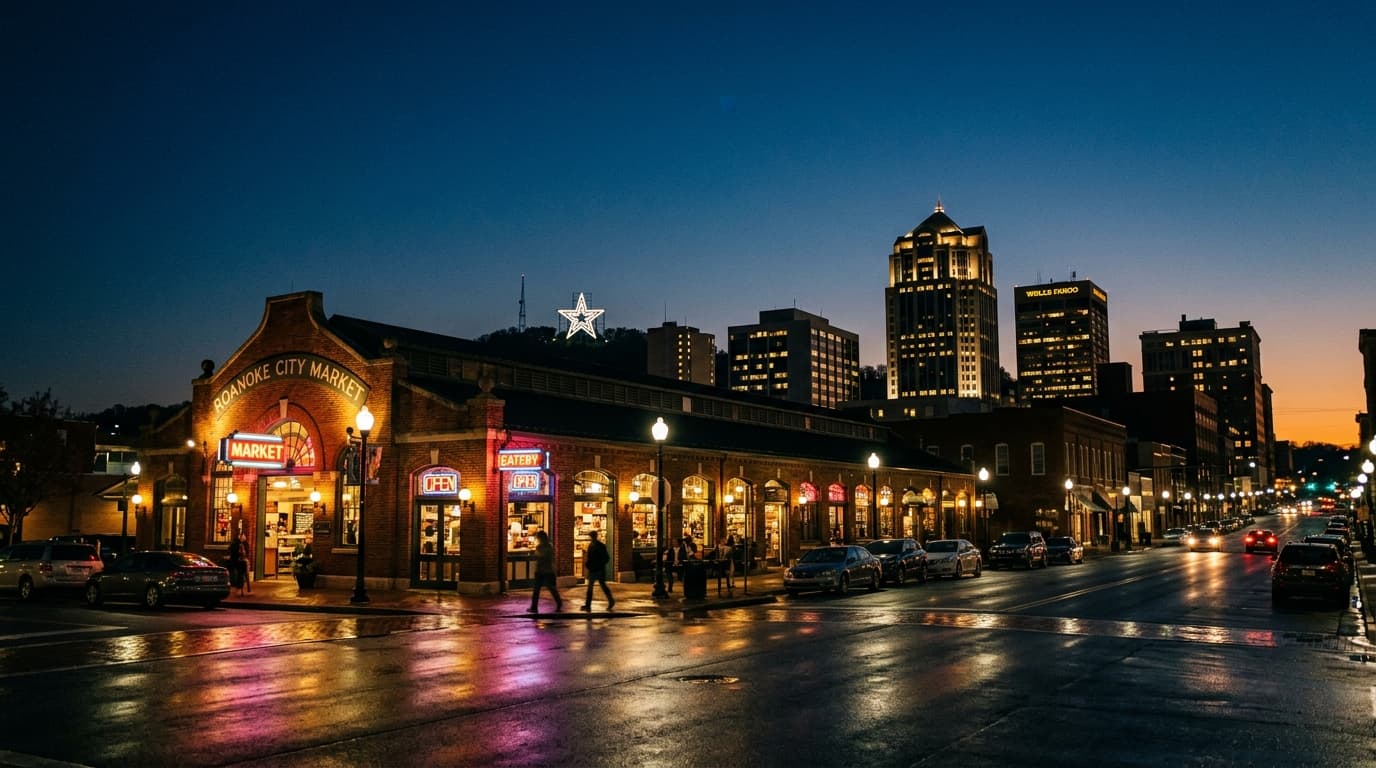 A wide establishing shot captures the neon glow of the Roanoke City Market building reflected on dark pavement at night, w...