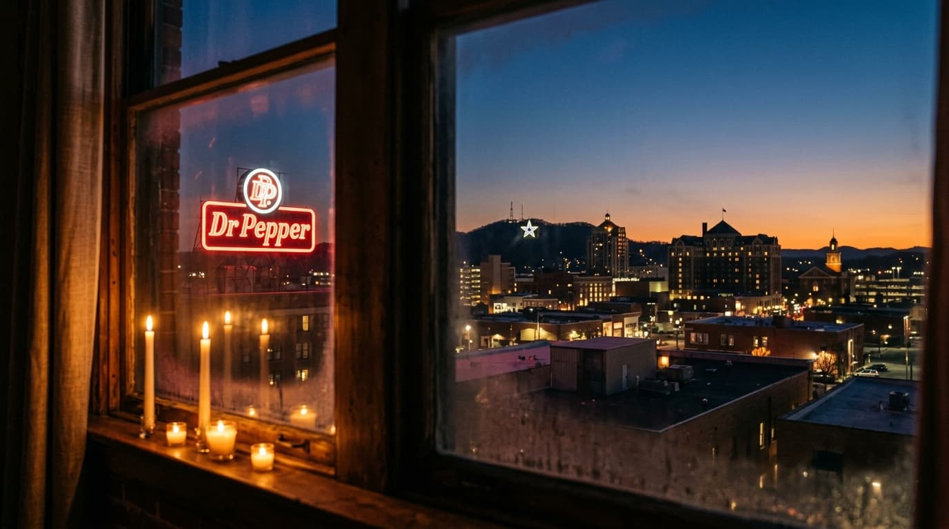 A medium shot, candle-lit view from a downtown loft window shows the iconic neon Dr Pepper sign glowing against a dusky Ro...