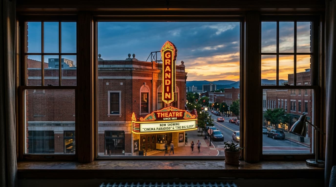 A symmetric, wide-angle interior view through a clear window frame capturing the historic Grandin Theatre marquee neon sig...