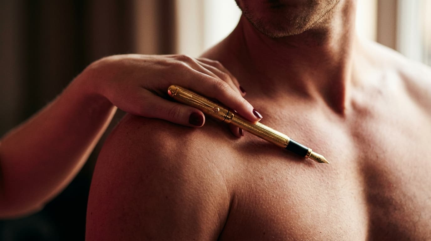 A close-up shot of a woman’s hand draped over a man’s bare shoulder, her fingers tracing a single gold fountain pen held a...