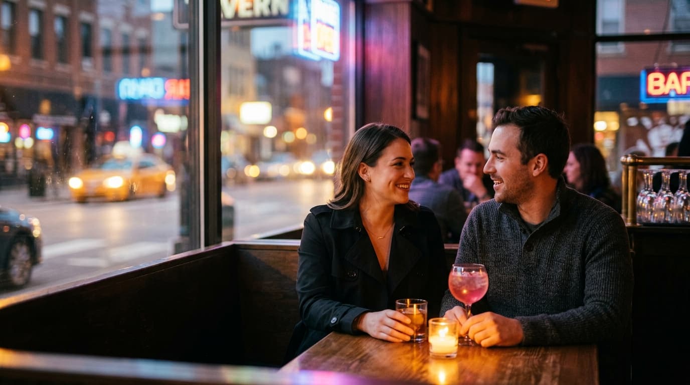 A man and woman sit at a dim corner booth at Iron Horse Tavern. She wears a black trench coat; he wears a grey sweater. Tw...