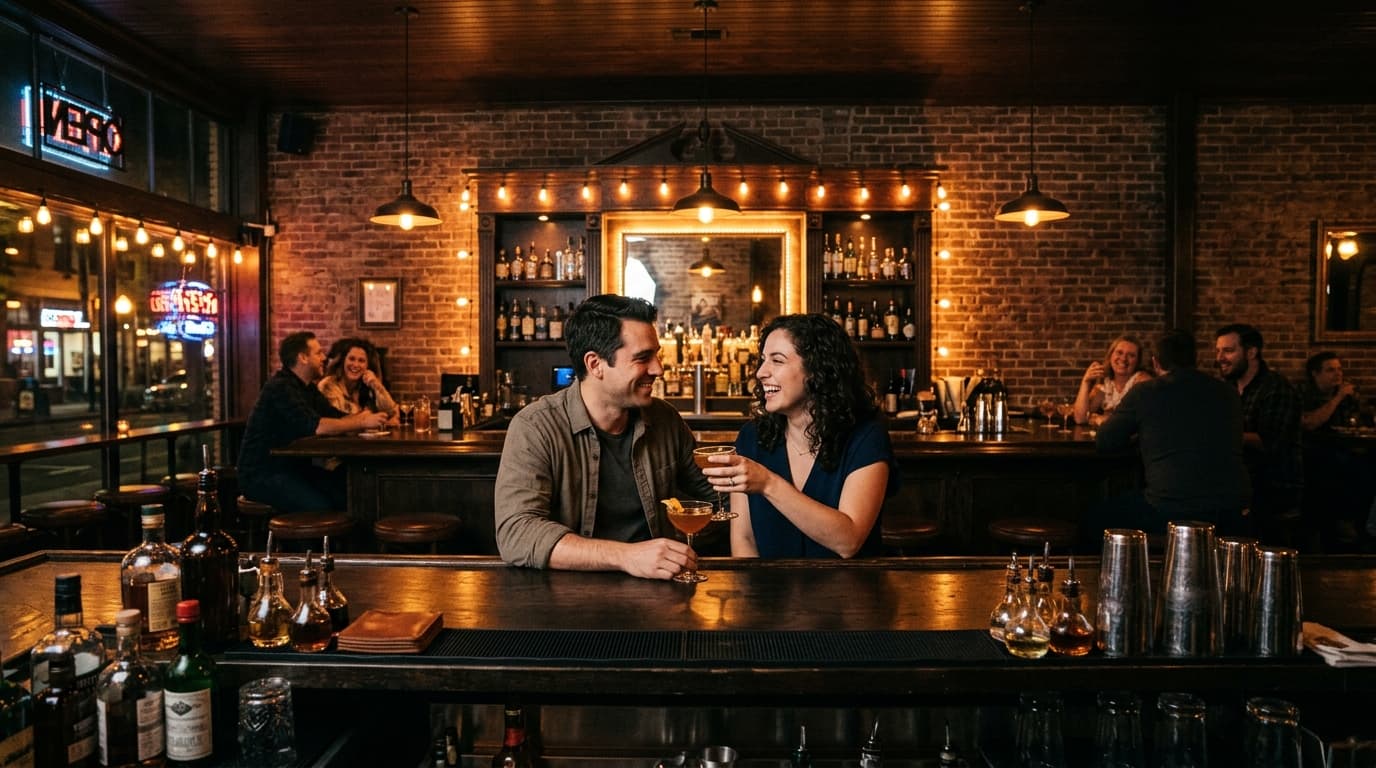 Centered symmetric wide-angle shot of a couple sharing a cocktail at a dark wooden bar inside a moody downtown Sacramento...