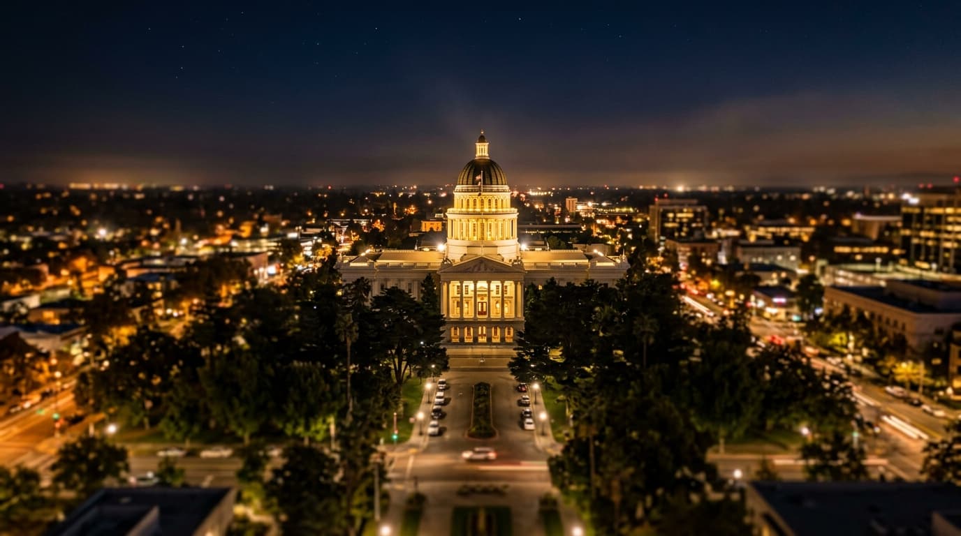 A wide tilt-shift shot of the gold-lit California State Capitol dome at night. Blurred tree lines create leading lines tow...