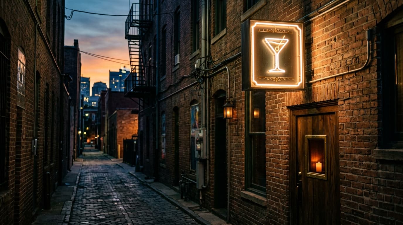 A medium shot of the R Street Corridor at dusk, featuring the vintage neon sign of a speakeasy glowing softly, offset righ...