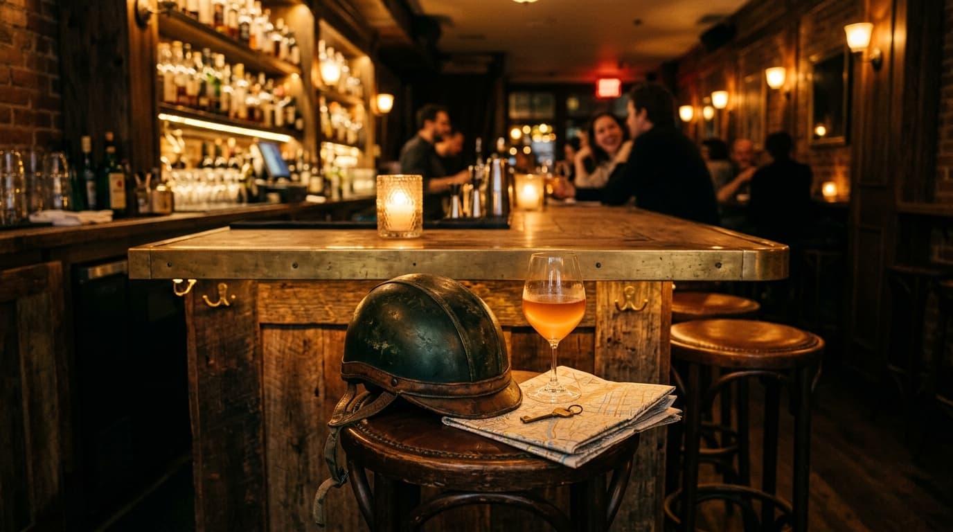 A low-angle, wide-angle shot of a Midtown bar counter. A vintage bicycle helmet rests on a reclaimed wood stool beside a c...