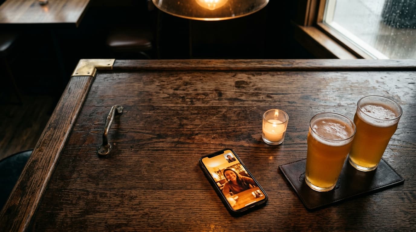 Overhead flat-lay on a weathered wooden bar top in a dimly lit Midtown lounge. A smartphone glows with a FaceTime call scr...