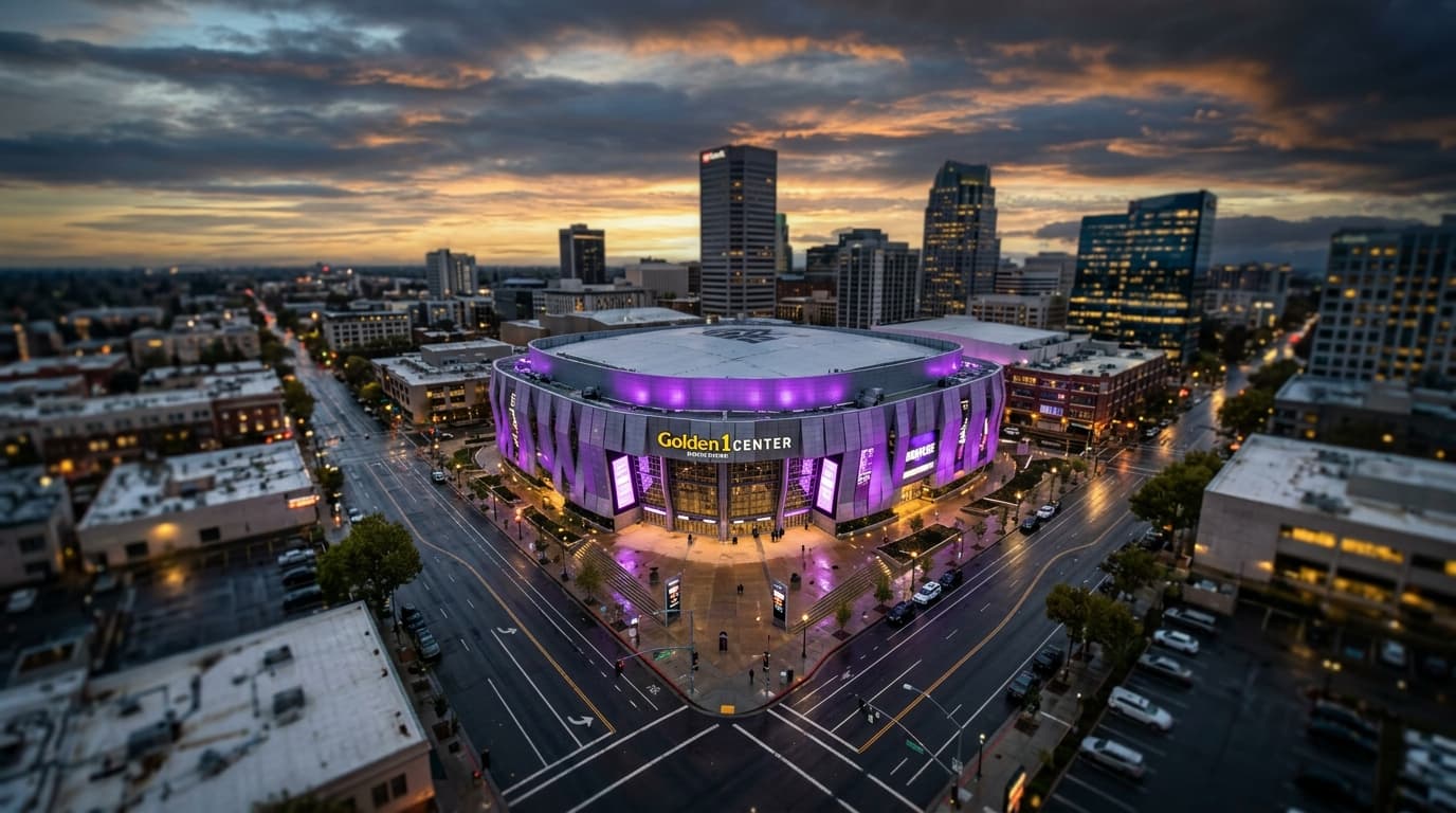Tilt-shift selective focus on the purple-lit Golden 1 Center at dusk, with leading lines of empty urban streets drawing th...