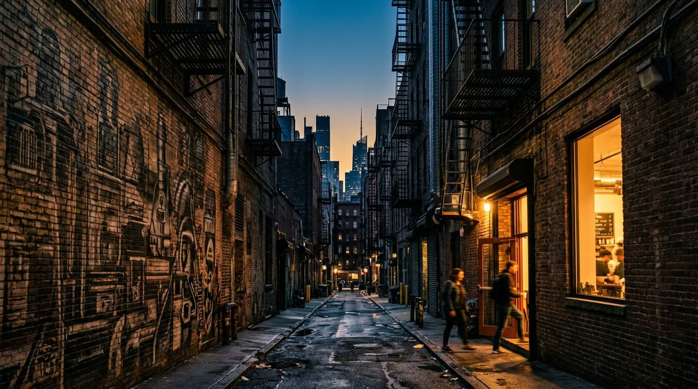 Wide 35mm establishing shot of the Midtown alleyway brickwork and industrial murals at dusk. Warm tungsten light spills fr...