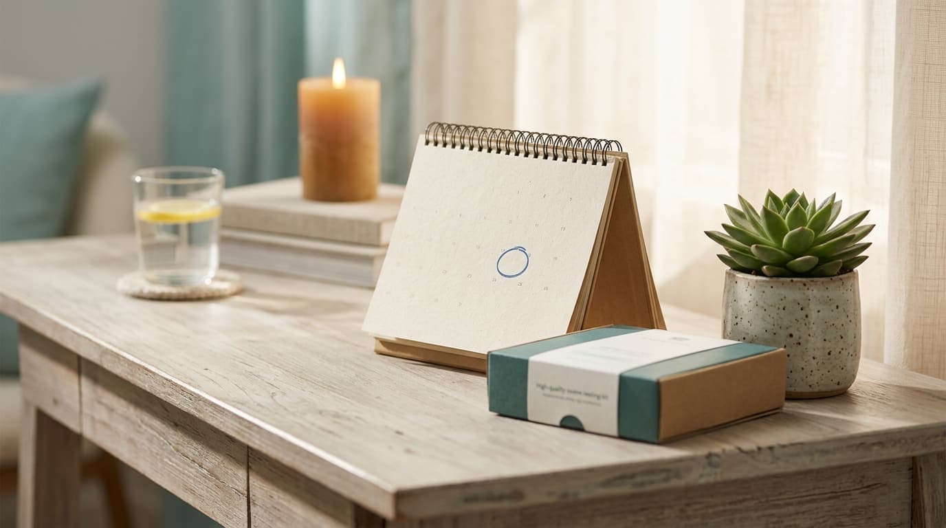 A soft-focus, candle-lit view shows a pristine desk calendar with a circled date, positioned beside an unopened, high-qual...