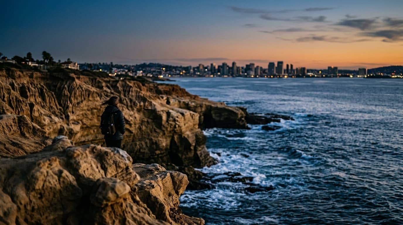 A high-contrast 85mm shot of the jagged sandstone bluffs at Sunset Cliffs during blue hour, focusing on the textured rock...