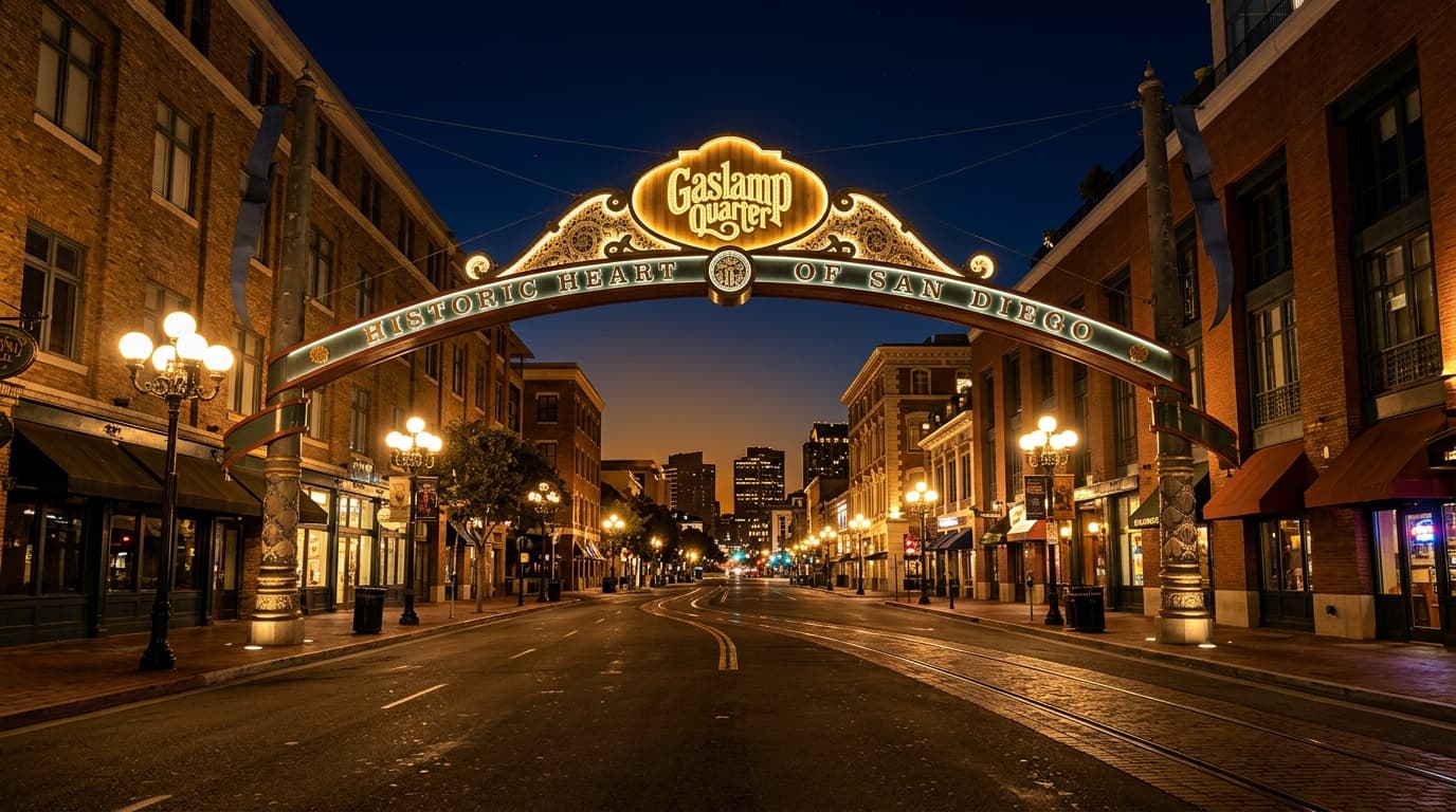 A low-angle 24mm wide-angle shot of the Gaslamp Quarter’s iconic archway at midnight. The symmetric structure glows under...