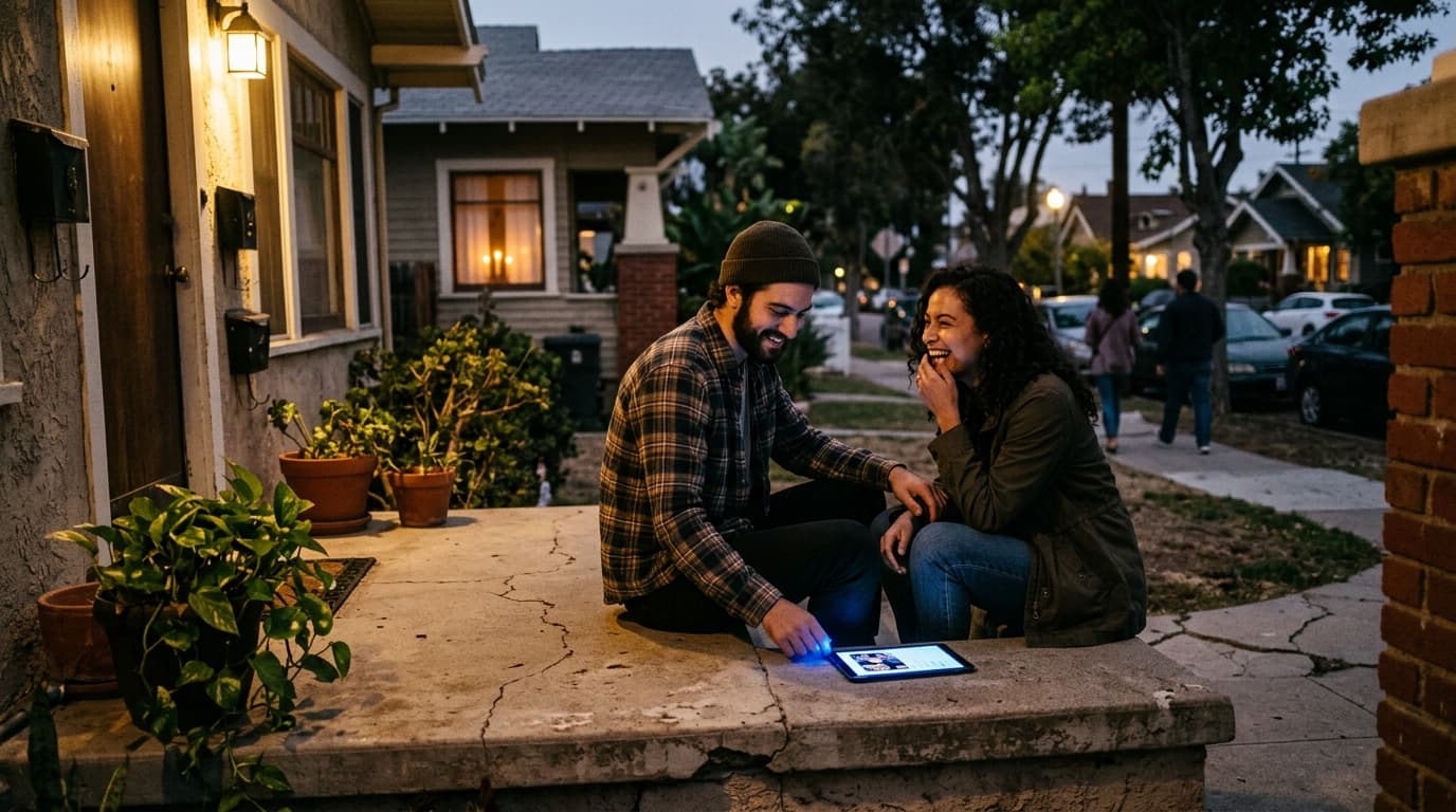 A couple sits on a North Park stoop under dim yellow porch lights. A smartphone showing a Hinge profile rests on the concr...