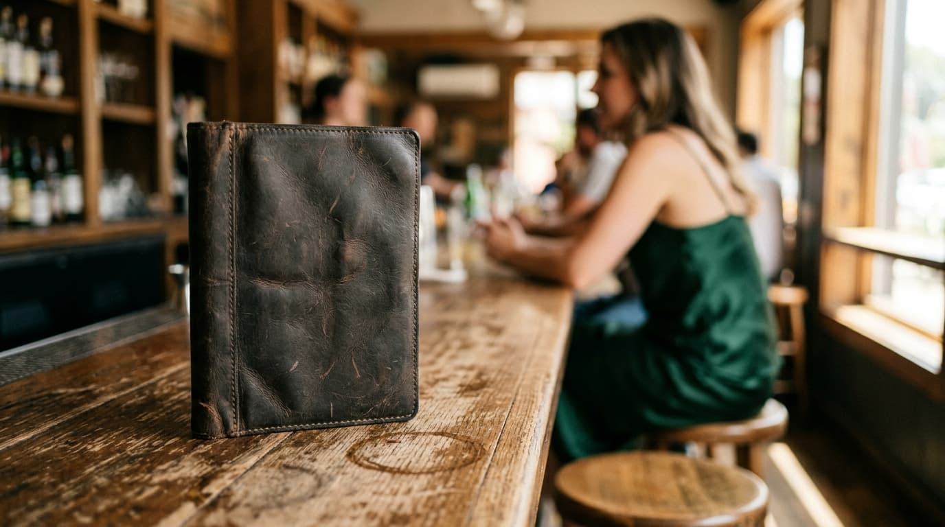 A shallow depth of field shot of a leather-bound cocktail menu resting on a rustic wood bar at Polite Provisions. A woman...