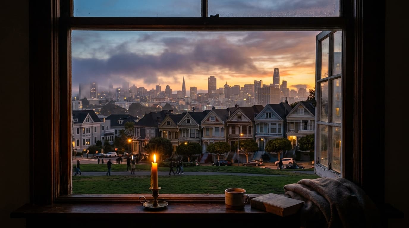 Centered symmetrical medium shot from a cozy, dimly lit interior looking out a window at dusk, framing the fog-draped Vict...