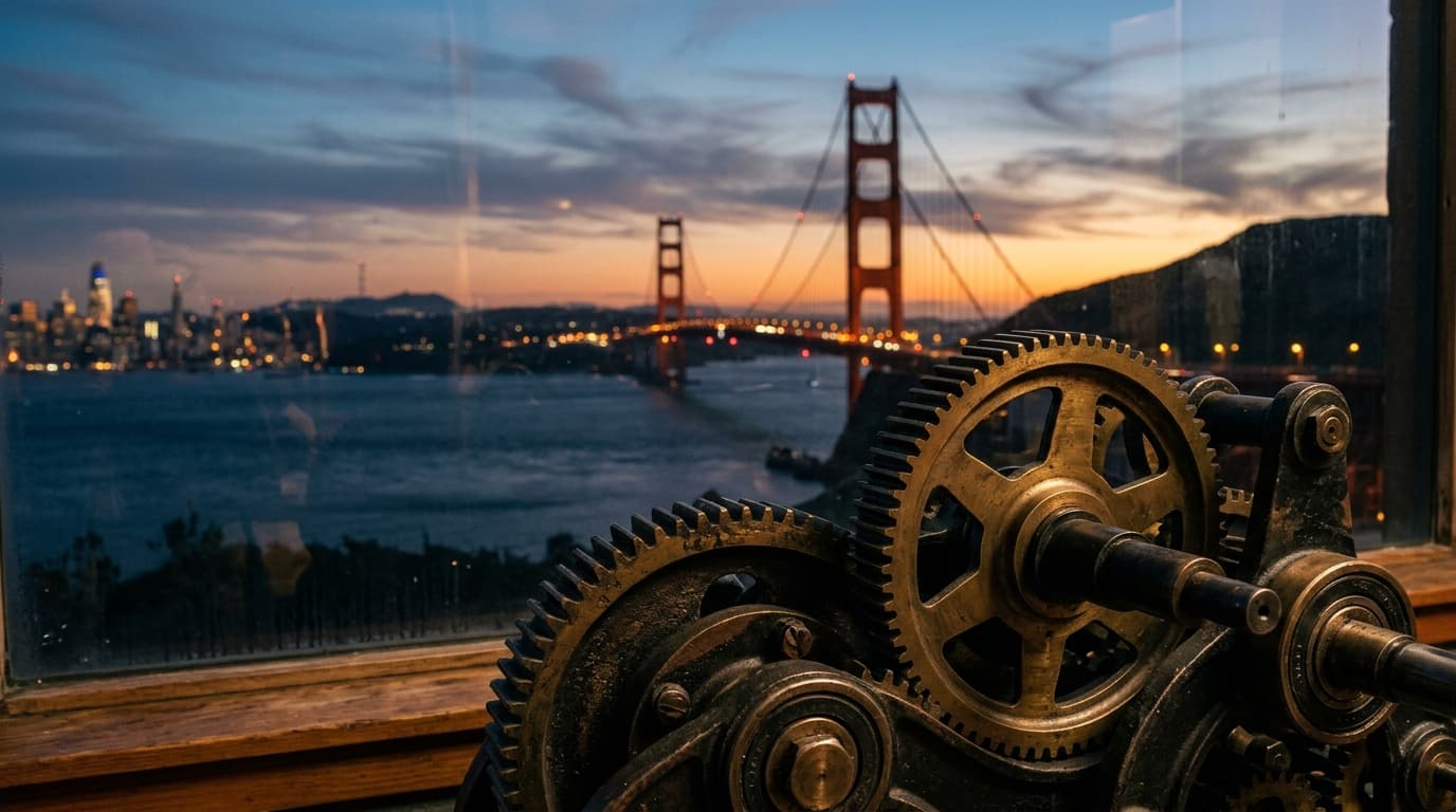 A 50mm close-up captures the weathered, dark metallic clockwork gears of the iconic Interval at Long Now bar, with the Gol...
