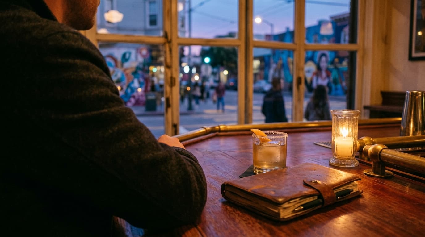 An over-the-shoulder view from a Mission District bar at dusk. A worn leather journal and a smoky mezcal cocktail sit on t...