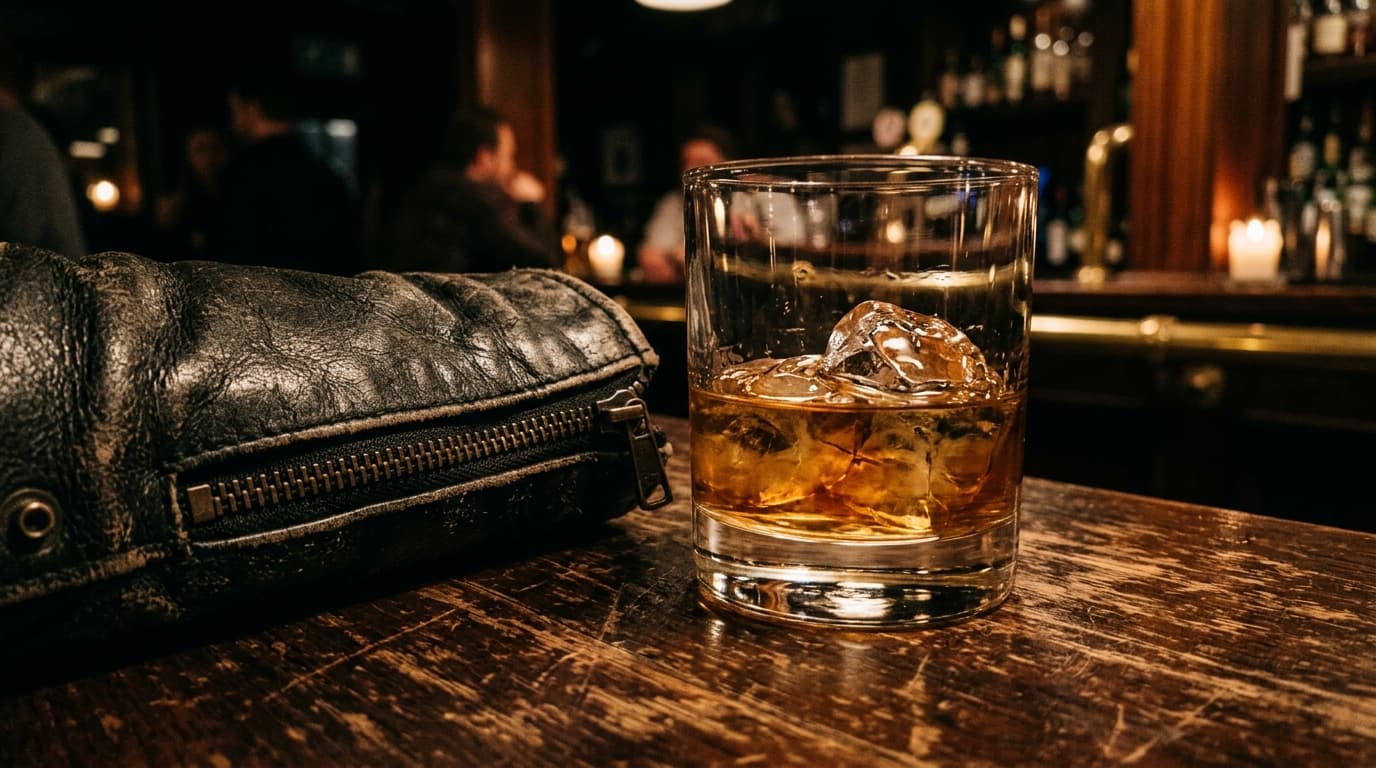 A low-angle, macro shot captures a heavy, amber-filled rocks glass resting on a scarred, dark wood bar at The Eagle. A sin...