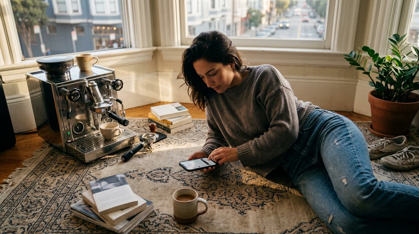 A 35mm documentary shot, rule-of-thirds, shows a woman lounging on a sun-drenched Mission apartment rug with a high-end es...