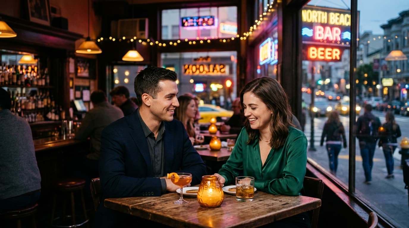 An 85mm portrait captures a couple at a dim corner table inside a moody North Beach saloon. Warm, golden lamplight glows o...