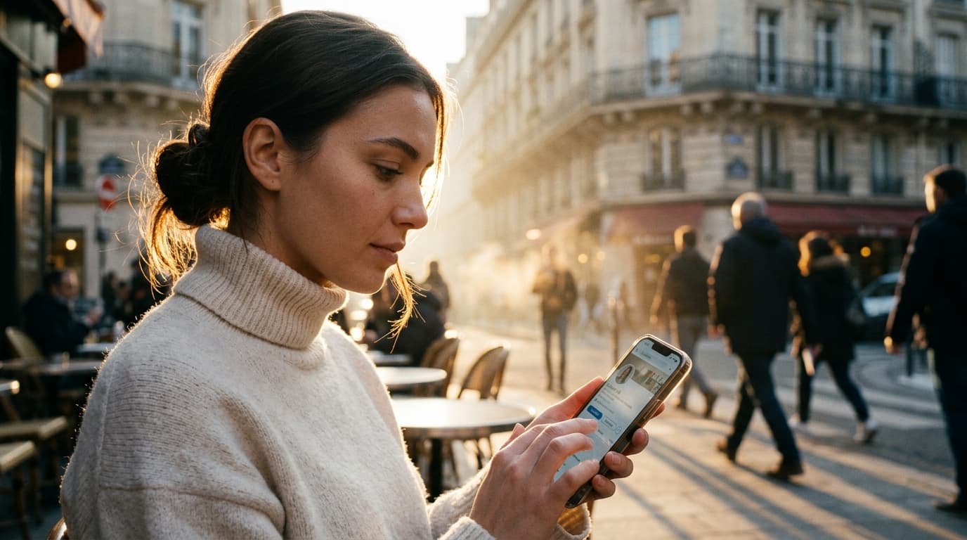 A woman in a cream-colored turtleneck sits at a sun-drenched outdoor cafe table, checking a LinkedIn profile on her phone...