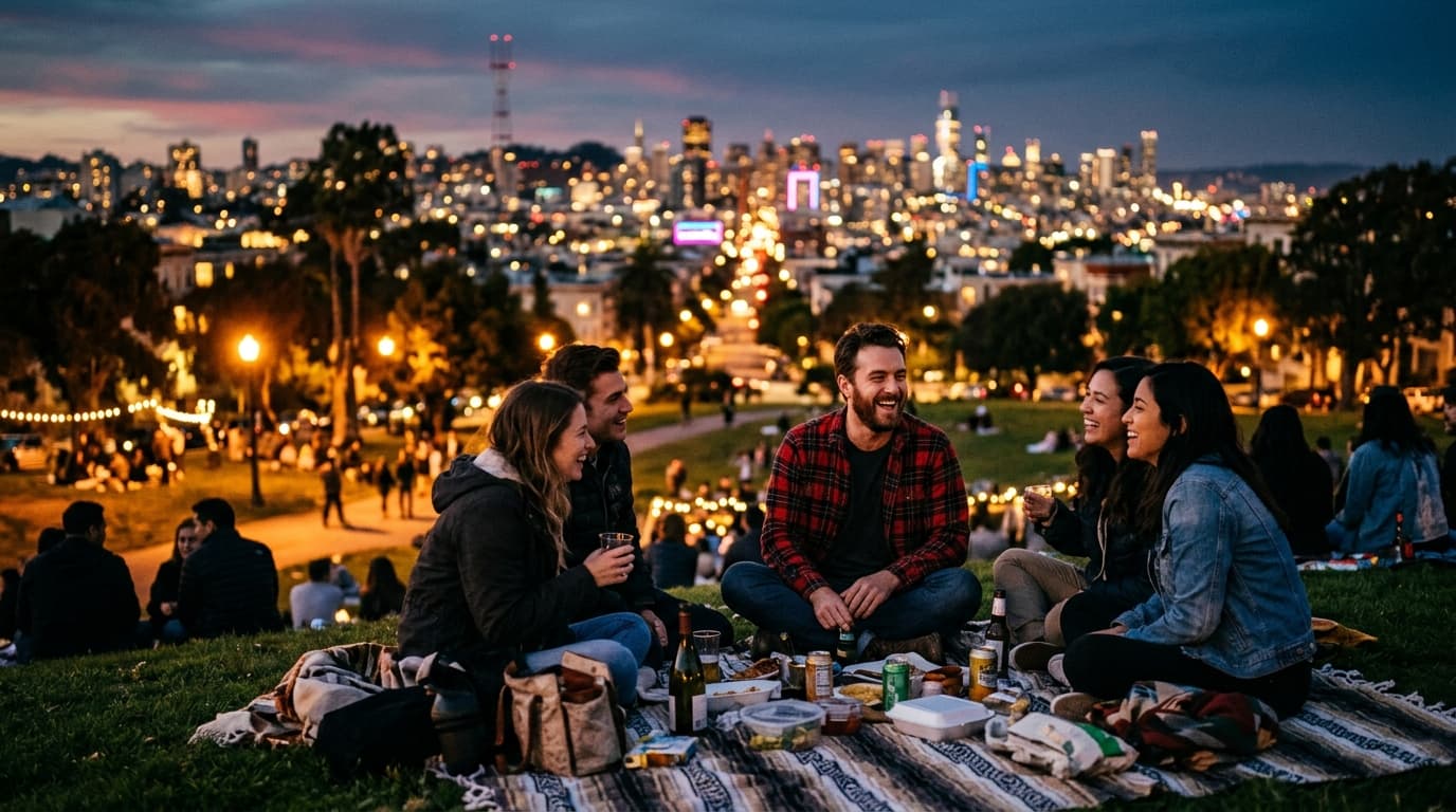 A man in a casual flannel shirt sits at a cluttered picnic blanket in Dolores Park at dusk, laughing with friends while th...