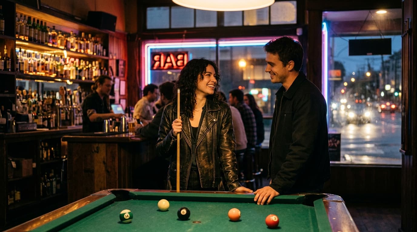 A couple stands at a pool table inside a dimly lit Divisadero bar. The woman in a leather jacket holds a cue, looking at t...