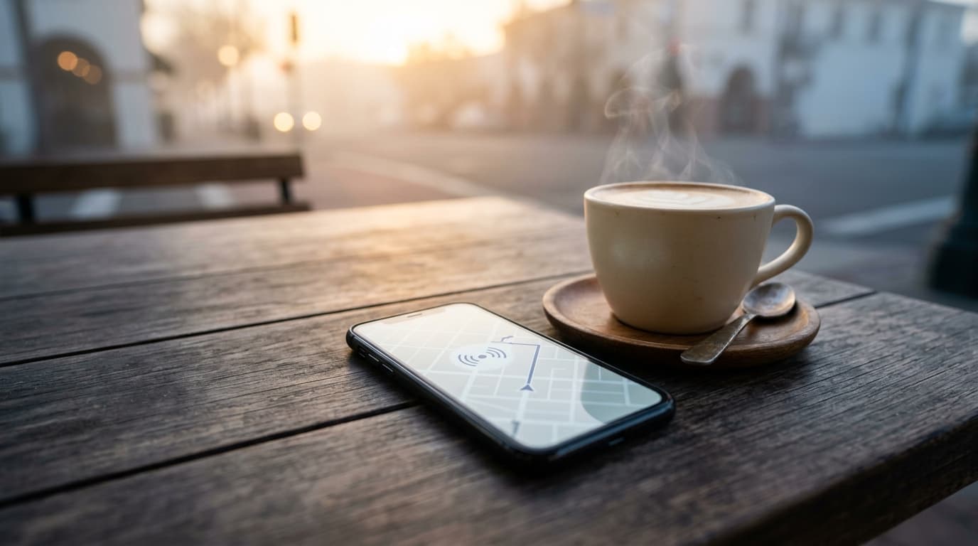 A 24mm wide-angle shot of a polished smartphone screen on a wooden cafe table, displaying an active map notification in Sa...