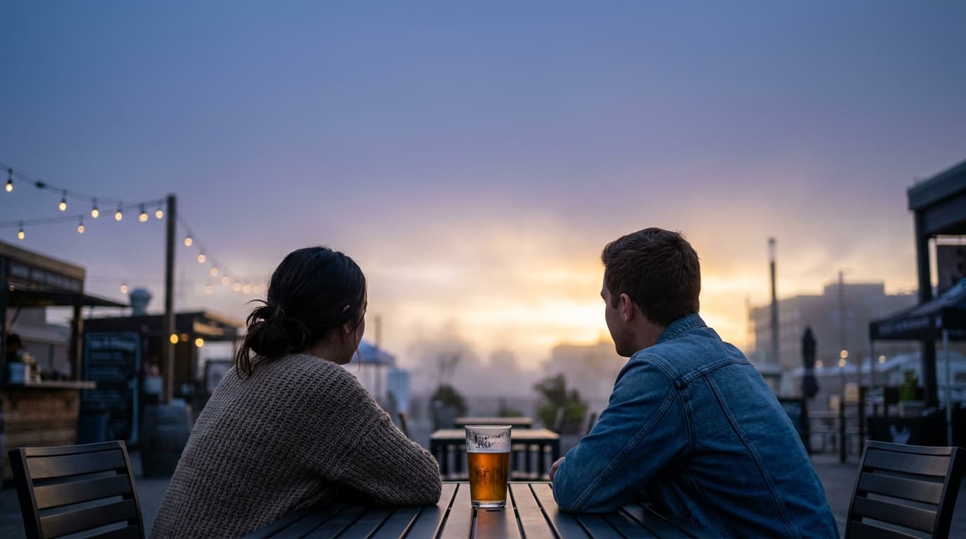 A couple sits at an outdoor patio table at 4th Street Market during blue hour. A single craft beer sits between them, nega...