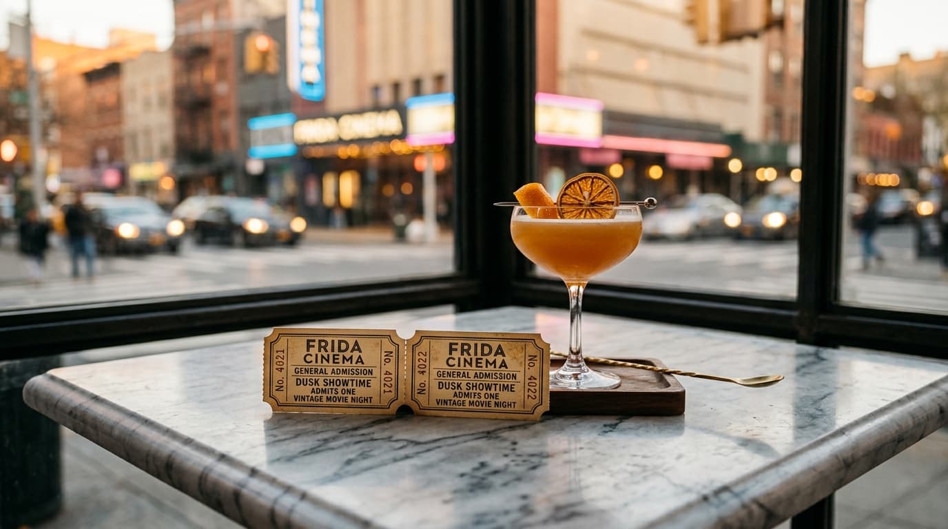 A pair of vintage movie tickets for the Frida Cinema sits on a marble bistro table beside a craft cocktail, centered perfe...