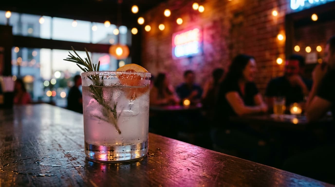 A frosted cocktail glass sits on a dark wooden bar, condensation dripping down its side. In the soft-focus background, war...