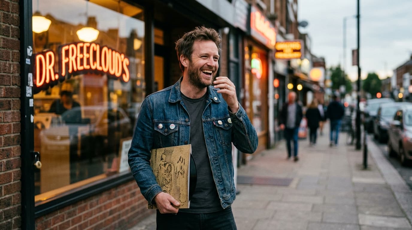 A candid, shallow-depth 85mm portrait of a man in a vintage denim jacket, laughing while holding a vinyl record outside Dr...